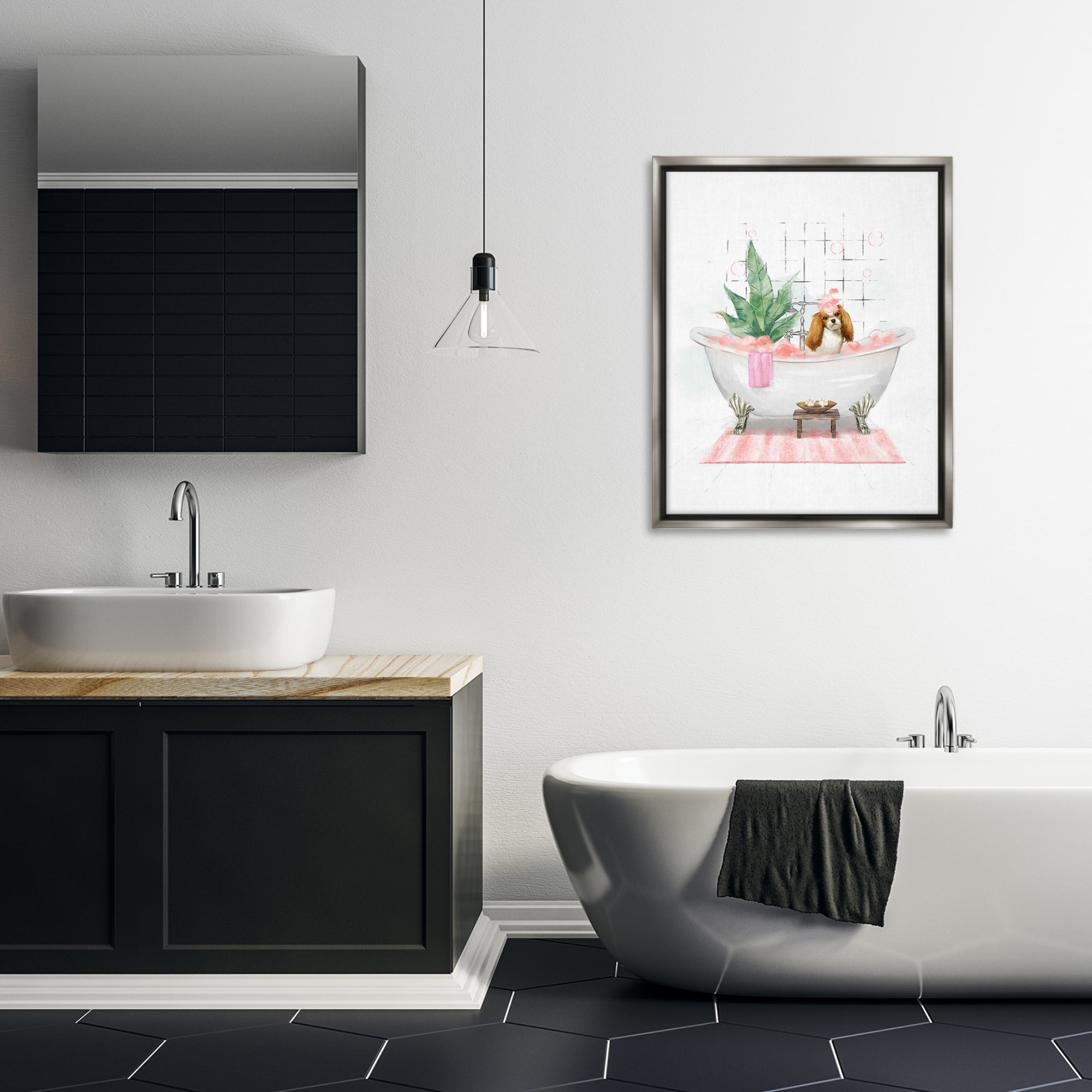 Stupell Industries Puppy in Bathtub Pastel Bath & Laundry Painting Gray Floater Framed Canvas Art Print Wall Art, 25 x 31