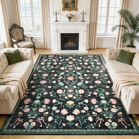 8x10 Washable Area Rugs for Dining Room Home Office Decor, Soft Floral Carpet Large Indoor Floor Carpets, Non Slip & Fade Resistant Foldable Mats, Pet & Kids Friendly, Black