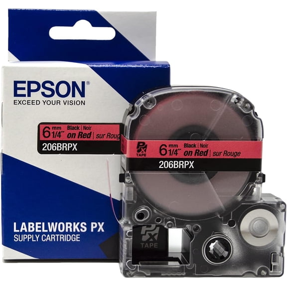 Epson LABELWORKS 206BRPX - Black on Red PET Label Maker Tape - 1/4" (6MM) Wide, 30'