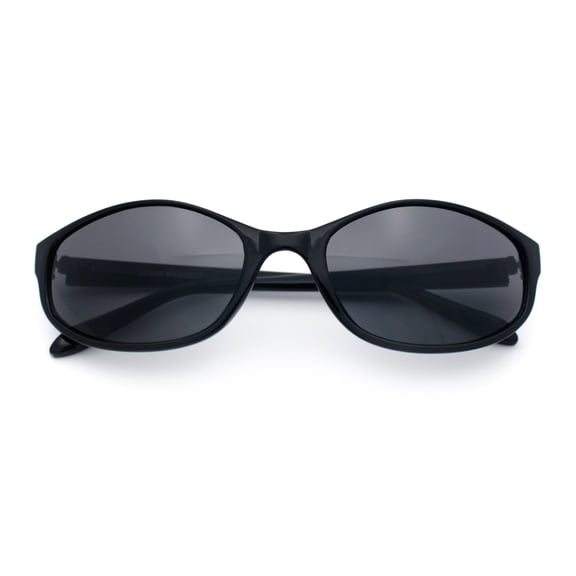 Trendy Retro 90s Fashion Thin Plastic Rectangular Oval Wrap Sunglasses [All Black]