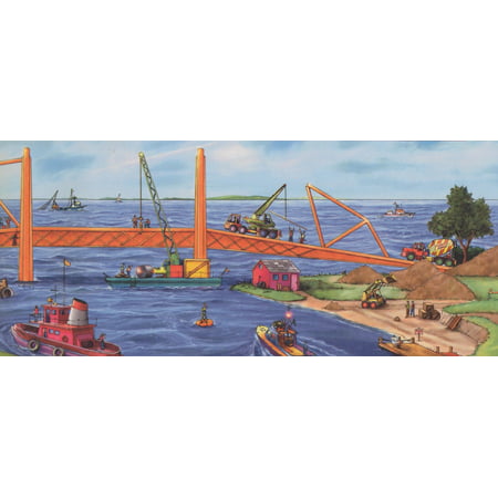 Construction Project by Sea Bridge Buildings Kids Wallpaper Border Modern Design, Roll 15' x