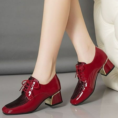 

Women‘s Square Toe Block Heel Lace Up Mid Heels Faux Patent Leather Pumps Fashion Daily Wear Dress Shoes