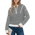thumbnail image 2 of Women Striped Half Zip Long Sleeve Ribbed Knit Pullover Comfy Casual Light-Weight Tops Fall Fashion Black M, 2 of 8