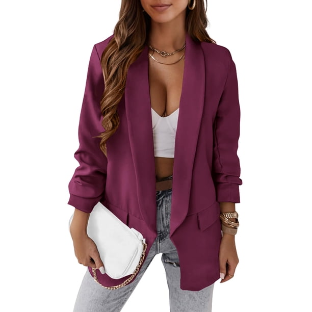 Blazer PRETTYGARDEN para mujer, casual, 2024, frente abierto, morado y rojo