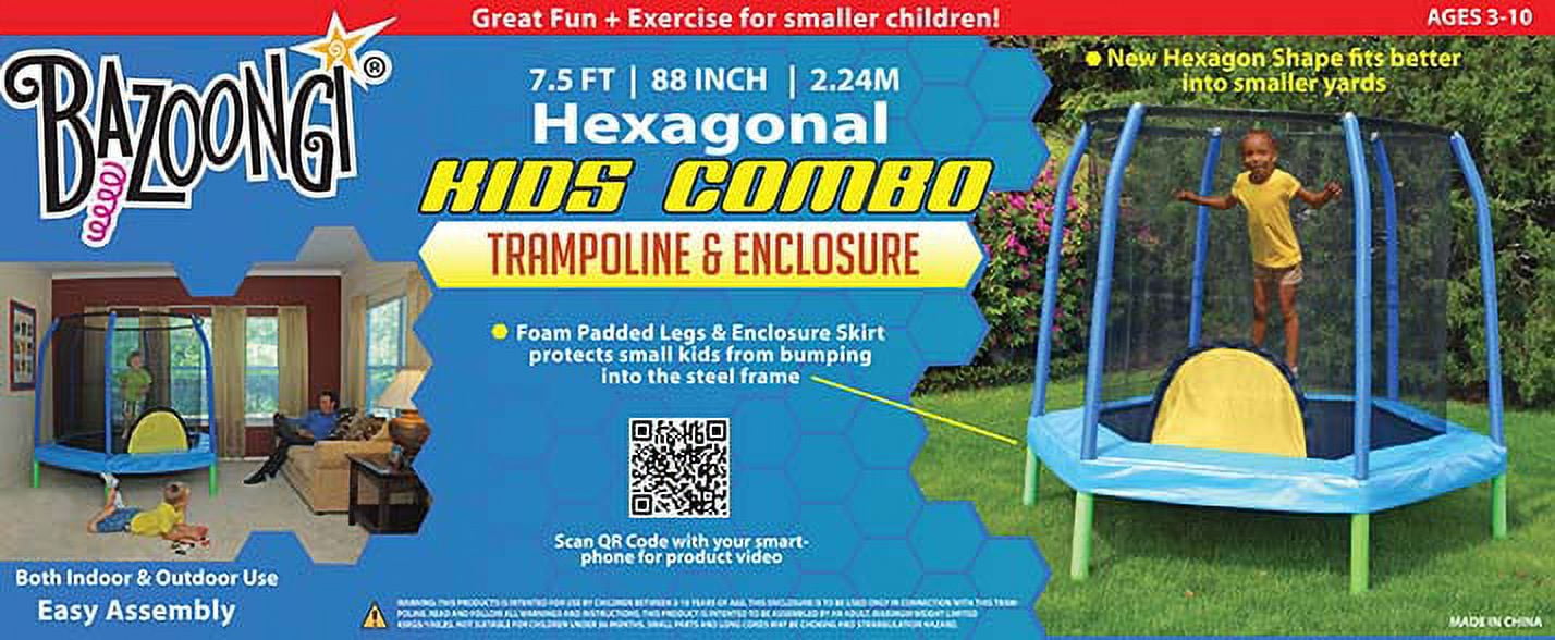 Bazoongi Hexagonal 7.5 Foot Trampoline with Safety Enclosure Blue