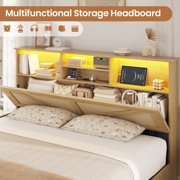 AOGLLATI Queen Size Bed Frame with Storage Drawers & Rattan Headboard - Boho LED Platform Bed with Charging Station, No Box Spring Needed