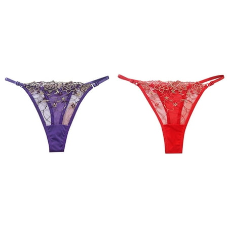 (2-Pack) Kcodviy Womens Large Size Comfort Choice Panties Plus Size Womens Embroidered Hollow Mesh Ladies Cotton Underwear Bikini Seductive Womens Thong Panties