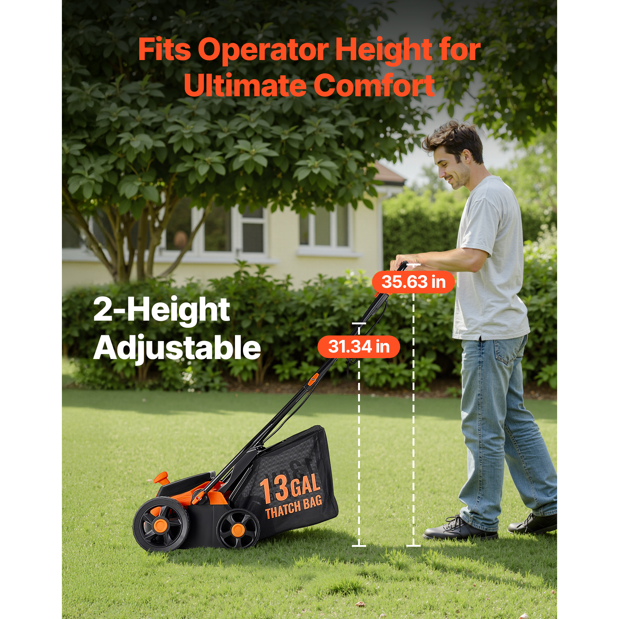 KFFKFF 2-in-1 Electric Dethatcher and Scarifier, 13-Inch 13 Amp, Corded Lawn Tool with 13-Gallon Collection Bag, 5-Position Depth Control, Walk-Behind Equipment for Garden and Lawn Care