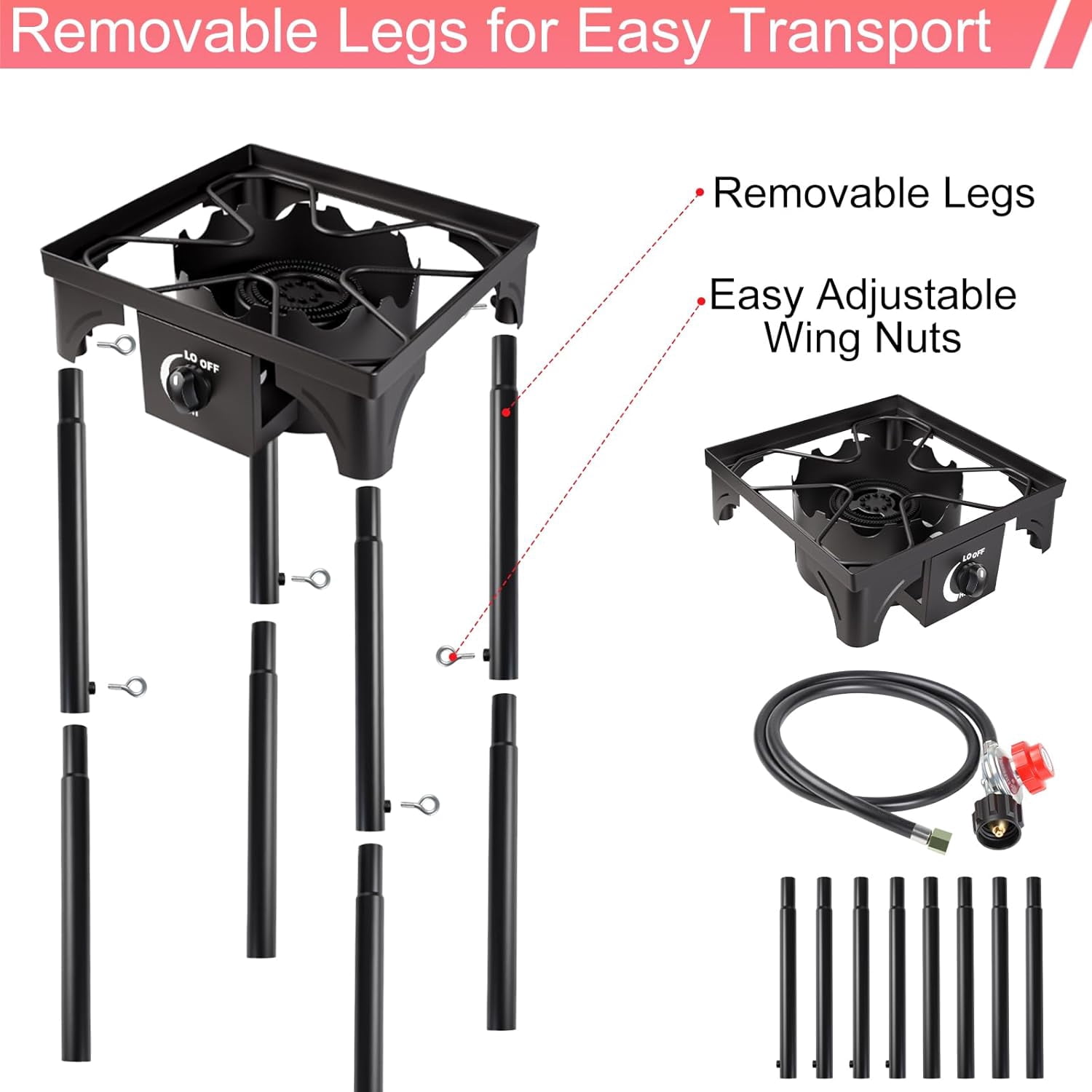 Single Burner Propane Stove for Outdoor, High-Pressure Gas Burner 75,000 BTU Propane Burner with Removable Legs Camping Stove Portable Gas Cooker Stand for Cooking, BBQ, 20 PSI Regulator