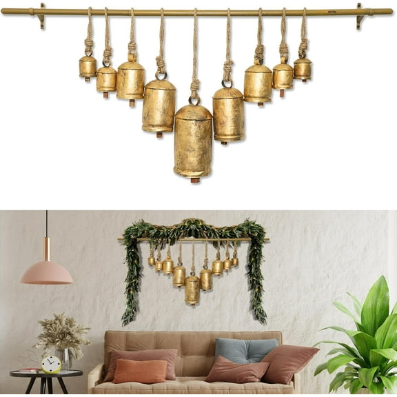 Shabby Chic Vintage Country Rustic Style Bells Handmade Large Metal Harmony Christmas Hanging Cow Bells Complete Set (1, 9 Bells on Rod)