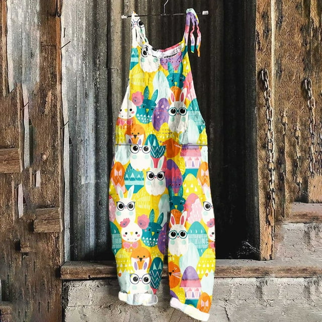 Styesk Pantalon pour Femmes Pantalon pour Dames Imprimé de Pâques Sans Manches Deux Poches Salopette Décontractée Combinaison Pantalon Combinaison
