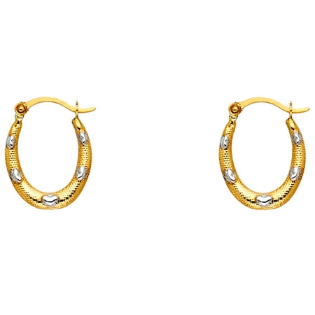 Small Oval Heart Huggie Hoop Earrings Solid 14k Yellow White Gold Diamond Cut Two Tone 15 x 12 mm