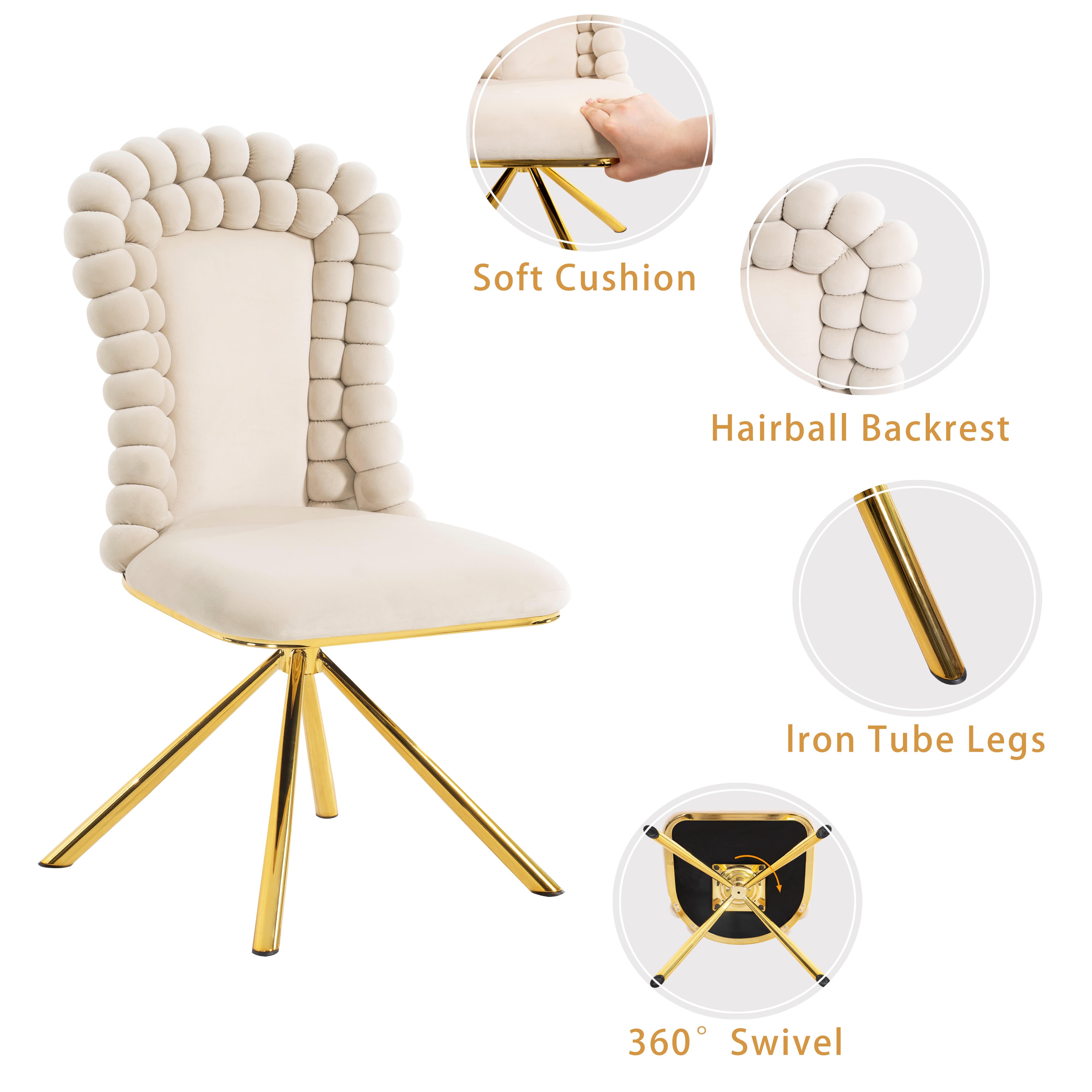 Aukfa Velvet Dining Chairs Set of 2, 360° Swivel Upholstered Accent Chairs for Bedroom/Living Room,Beige