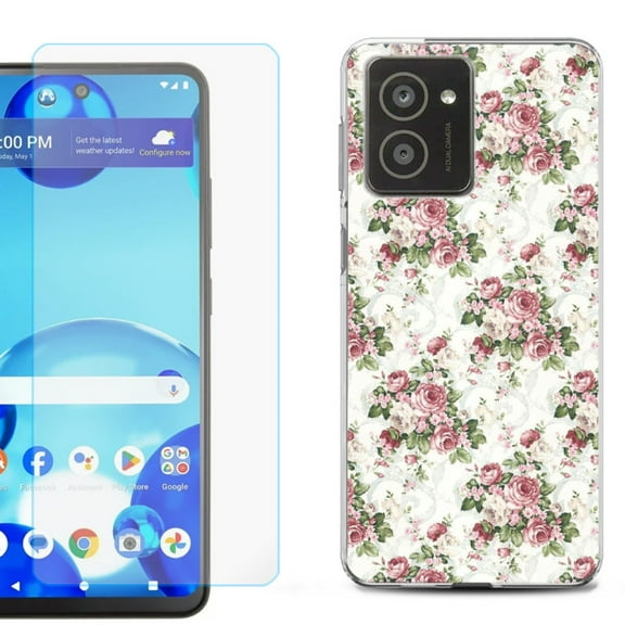 For HMD Vibe Shockproof Phone Case Cover with Tempered Glass Screen Protector, by OneToughShield - Floral/Rose