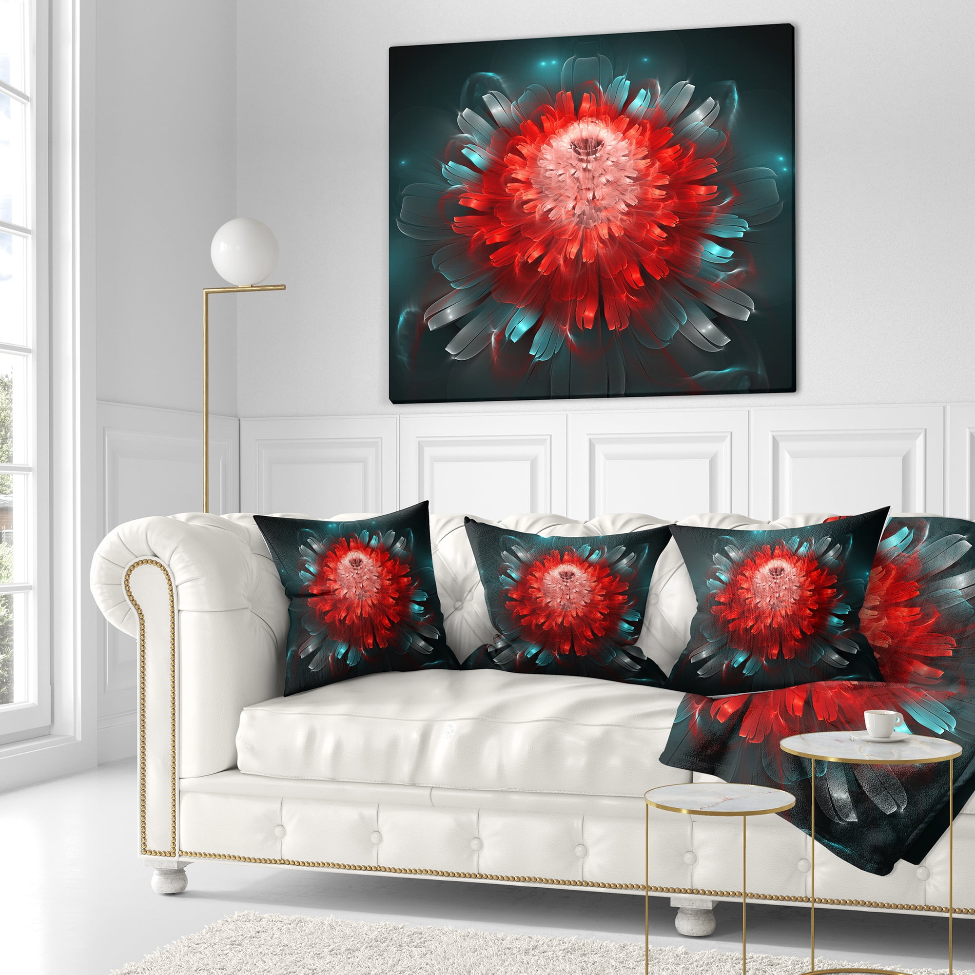 Designart Fractal Red N Blue Flower - Floral Throw Pillow - 16x16