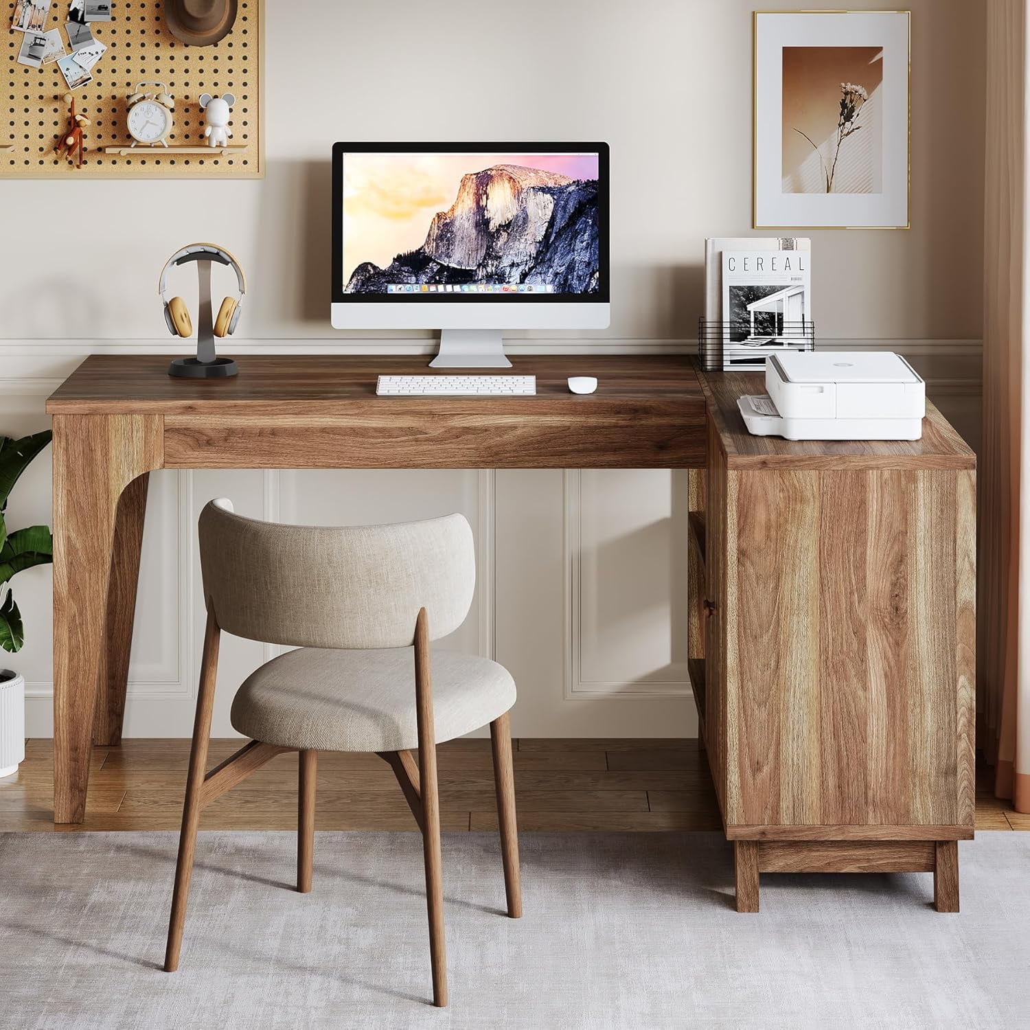 Tribesigns 57-Inch Wood L-Shaped Corner Computer Desk, Study Writing Table with Storage Shelves, Workstation with Cabinet for Home Office, Walnut