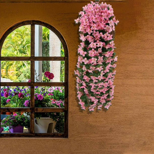 Ramo de Rosas Violetas Simuladas con Base de Ratán - Cestas Colgantes de Flores Artificiales para Decoración de Interiores y Exteriores, Paisajismo para Todas Las Estaciones, 0,9 M de Largo, Violetas