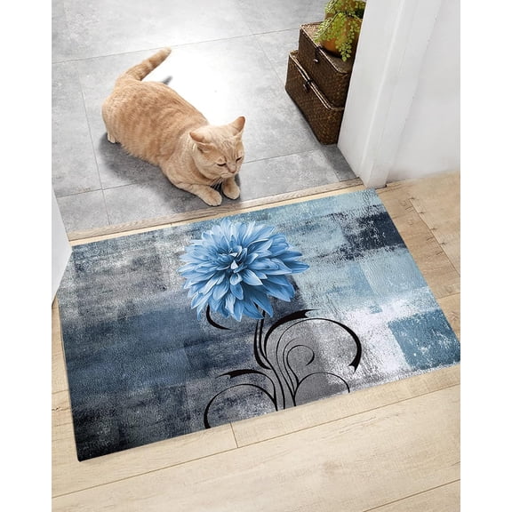 Watercolor Blossoms Dahlia Flower Plush Shag Bath Rugs Abstract Oil Painting Soft Fluffy Floor Doormat Carpet,Non-Slip Door Mats for Living Room Bedroom Kitchen Entryway Blue Grey