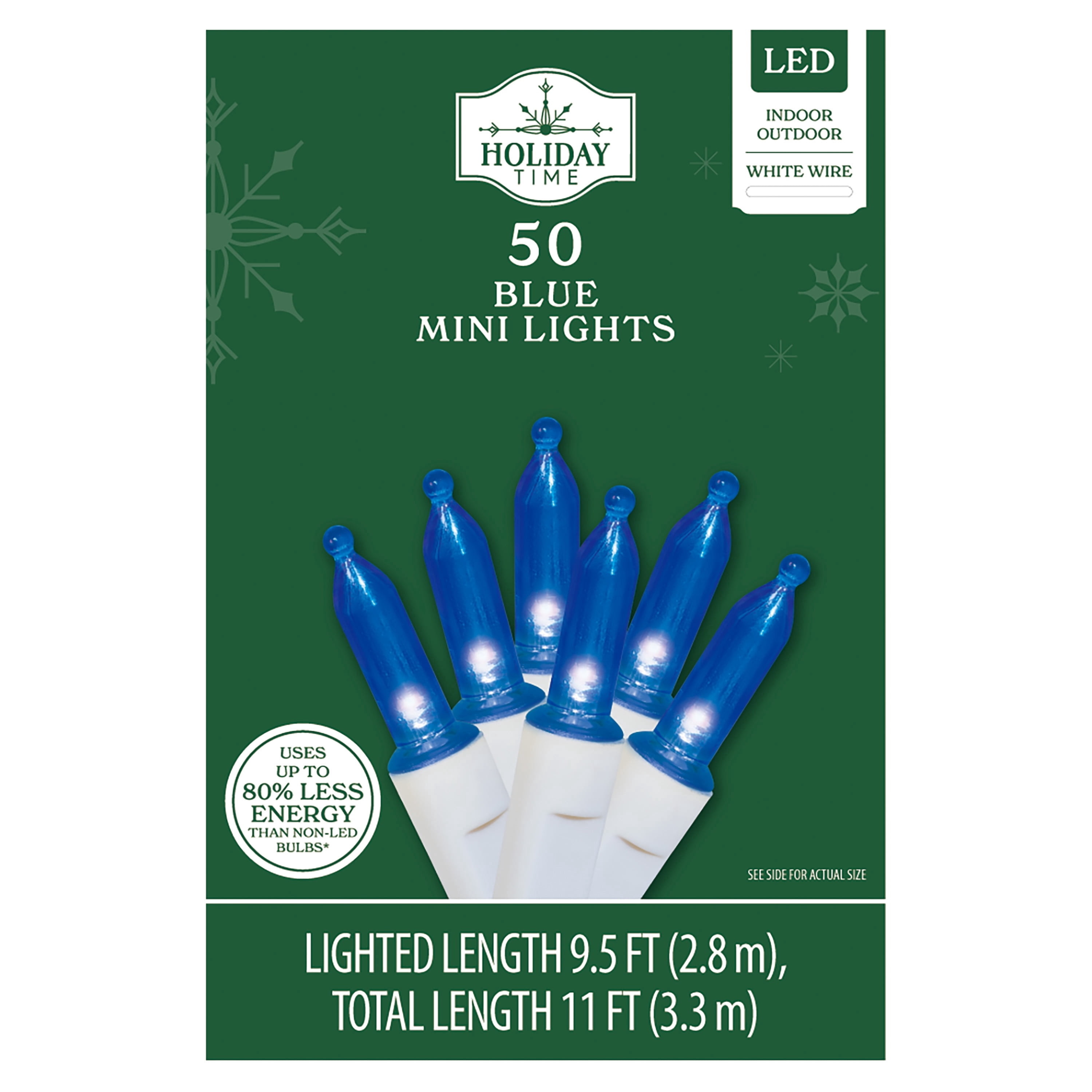 Indoor/Outdoor 50-Count LED Mini Christmas String Lights, Blue, White Wire, 9.5', by Holiday Time