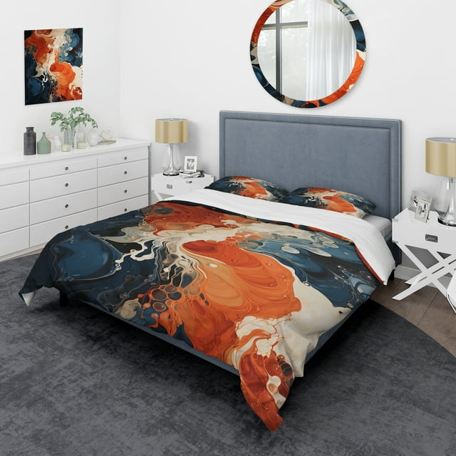 Designart "Liquid Ink Waves Blue and Orange Fusion VI" Abstract Painting Bedding Covert Set - Abstract Blue Modern Bed Set With 2 Shams
