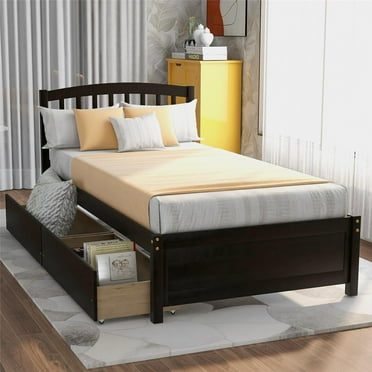Twin Size Platform Storage Bed Wood Bed Frame with Two Drawers and Headboard, Mattress Foundation, Wood Slat Support, No Box Spring Needed, Easy Assembly, Espresso