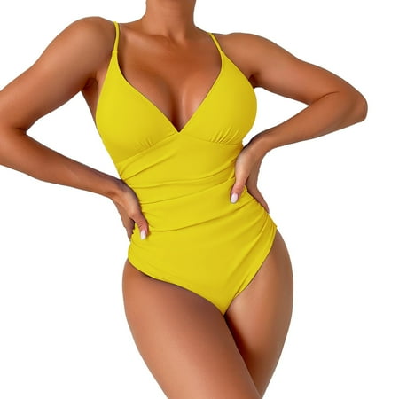 GWAABD Womens Swimsuits One Piece V Neck Monokini Tummy Control Swimwear Solid Color Bathing Suit Spaghetti Straps High Cut Swimsuit Yellow S