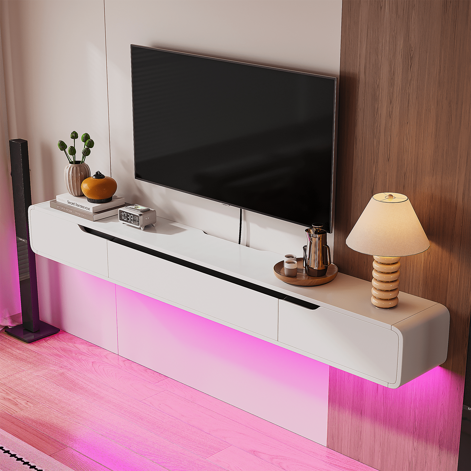 FloatiCasa 55-inch Fully Assembled High Gloss Floating TV Stand Wall Mounted TV Shelf for TVs up to 60" Modern Entertainment Center for Living Room Bedroom White