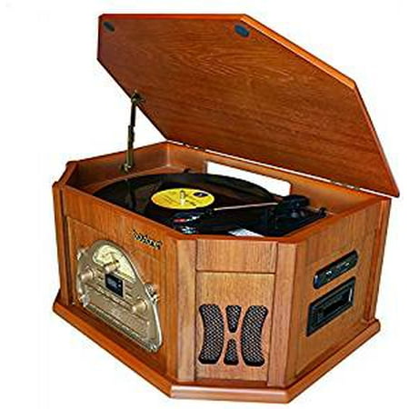 8-in-1 Boytone BT-25WB Natural Wood Classic Turntable Stereo System  Vinyl Record Player,
