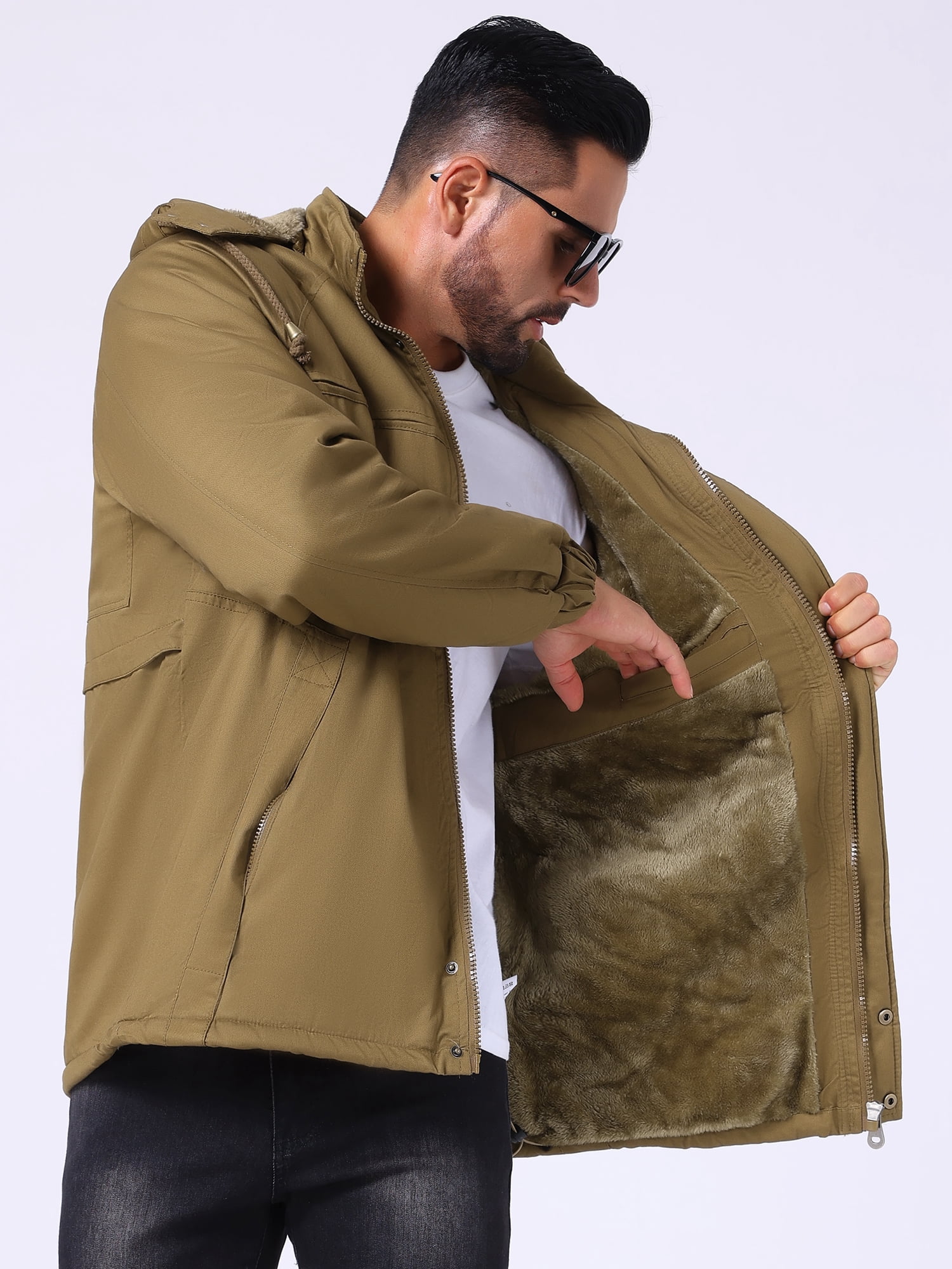 DARING DIVA Men's Winter Warm Fleece Lined Thicken Hooded Work Parka Jacket M Khaki