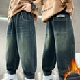 thumbnail image 6 of KYAIGUO Toddler Kids Boys Winter Solid Color Jeans Demin Pants Spring High Waisted Casual Fleece Baggy Sweatpants 5-15T, 6 of 7