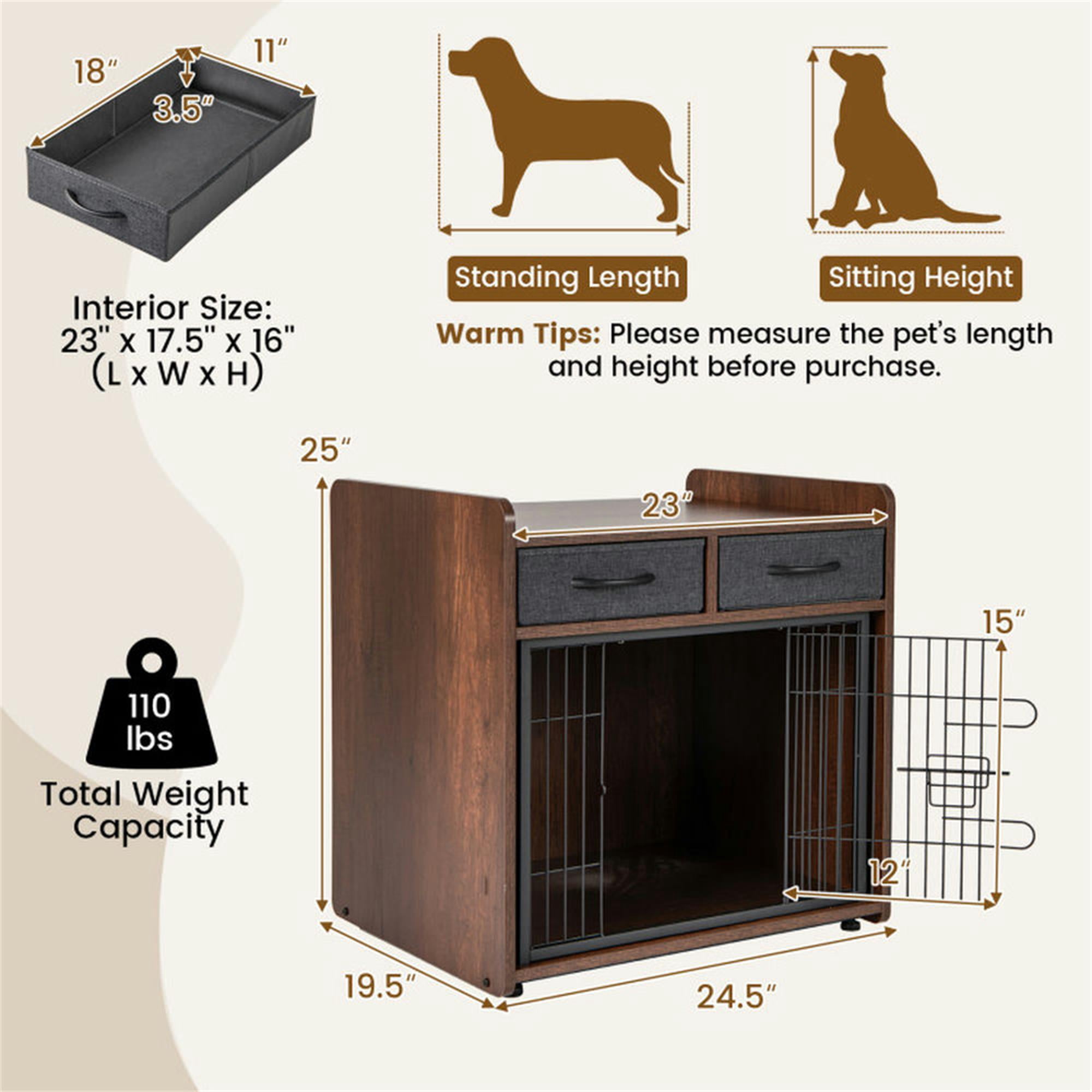 Pefilos 25" Dog Crate Furniture, Indoor Dog Kennel with 2 Fabric Drawers, Decorative Pet Cage Dog House, Brown