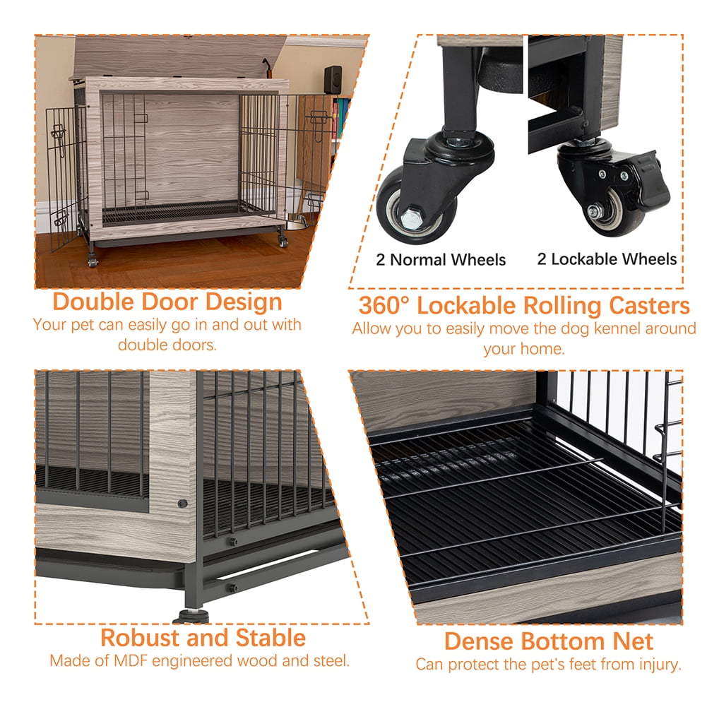 Kadyn 38 inch Wooden Dog House with Double Doors, Dog Crate Furniture, Heavy-Duty Dog Cage End Table with Multi-Purpose Removable Tray, Modern Dog Kennel Indoor for Dogs up to 70lb, Gray Kadyn 38 inch Wooden Dog House with Double Doors, Dog Crate Furniture, Heavy-Duty Dog Cage End Table with Multi-Purpose Removable Tray, Modern Dog Kennel Indoor for Dogs up to 70lb, Gray