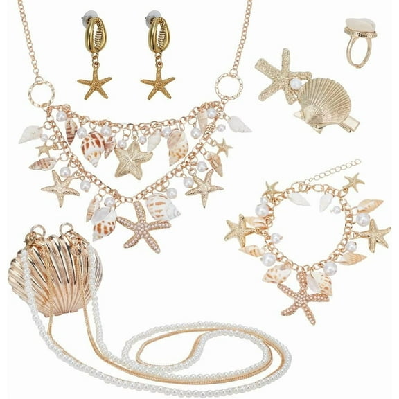 7pcs Mermaid Jewelry Set Seashell Starfish Mermaid Accessories Sea Beach Shell Pearl Collar Bib Statement Necklace Bracelet Earrings Ring Hair Clip Crossbody Bags
