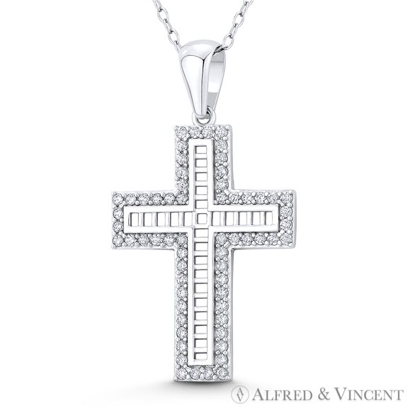 Latin Cross CZ Crystal Christian Pendant & Chain Necklace in .925 Sterling Silver w/ Rhodium
