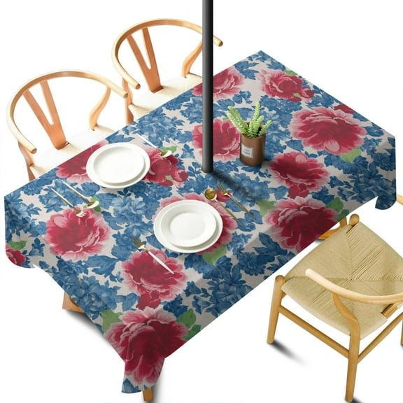 Outdoor Pioneer Pink Blue Rose Tablecloth with Umbrella Hole and Zipper,Rectangle Waterproof Wrinkle Free Table Cloth Decorative Fabric Washable Table Cover for Patio, Party, Picnic 60 X 102 Inch