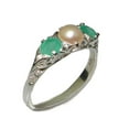 thumbnail image 1 of LBG British Made Luxury Solid 10K White Gold Natural Emerald and Cultured Pearl Trilogy Ring, 1 of 7