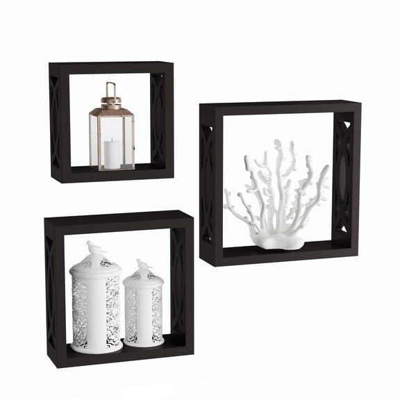 Floating Shelves- Open Cube Wall Shelf Set with Hidden Brackets, 3 Sizes to Display Decor, Photos, More- Hardware Included by Lavish Home (Black)