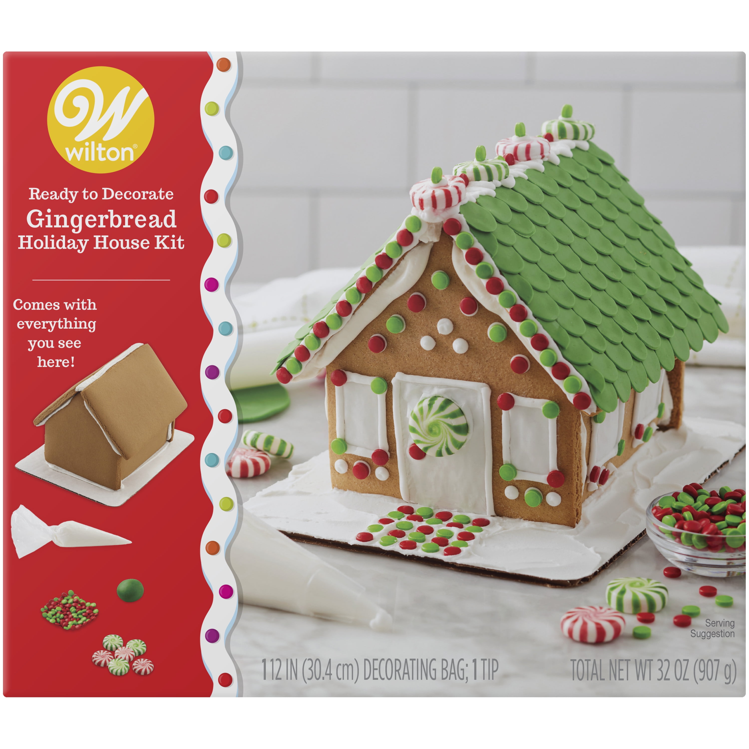 Includes: House Icing Christmas Fun Decorating Kit Pre-Assembled Fondant Ready to Decorate Candies Decorating Bag & Tip Wilton Christmas Gingerbread House Kit Bundled with Extra Candy! 