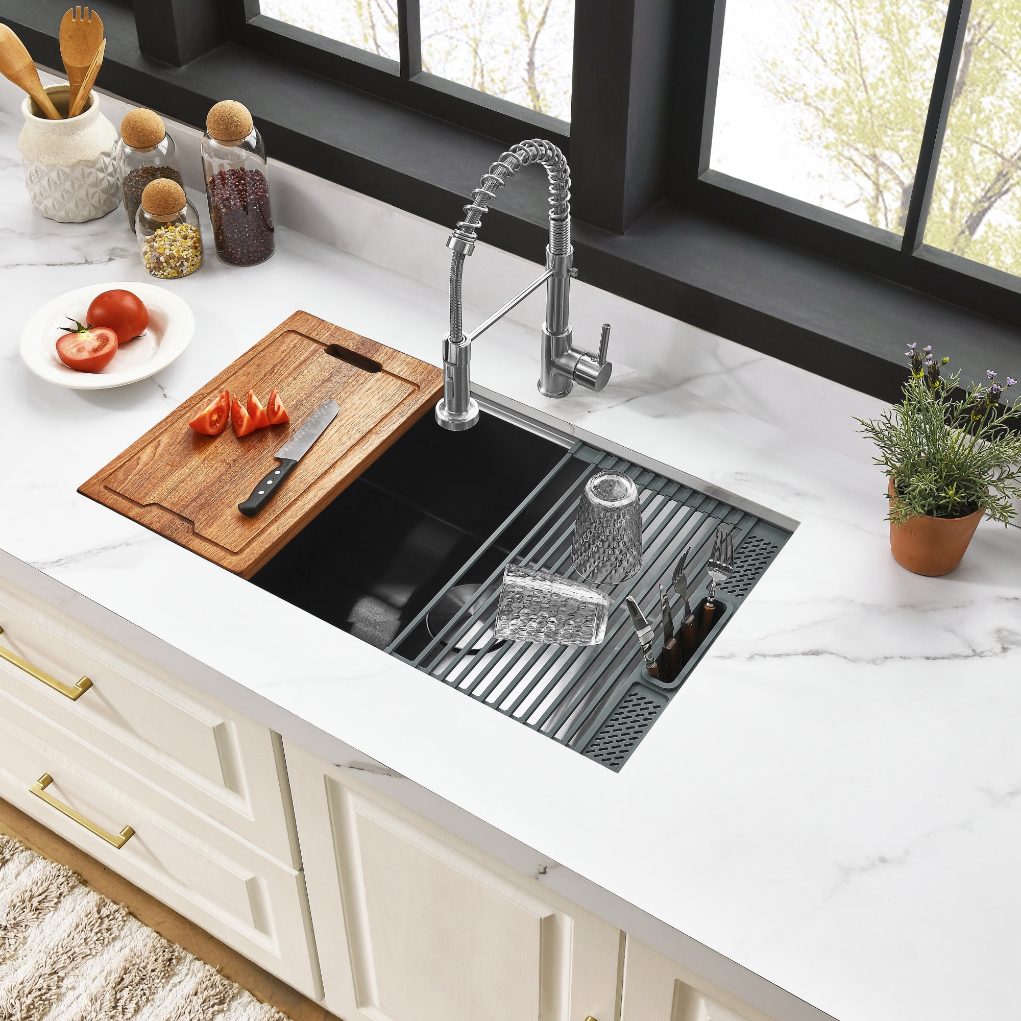 Kingston Brass GKUS321910 Uptowne 32-Inch Stainless Steel Single Bowl Undermount Kitchen Sink with 6-Piece Kitchen Accessory Set in Brushed