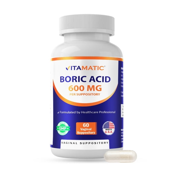 Vitamatic Boric Acid Vaginal Suppositories 600 mg USP Grade Boric Acid in Vegetarian Capsule Shell - 60 Count