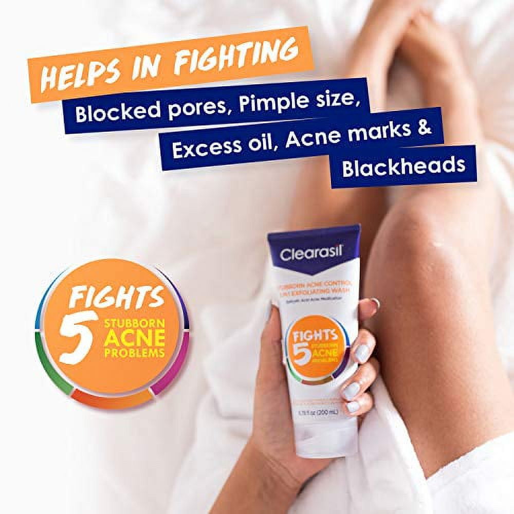 Clearasil Stubborn Acne Control 5in1 Exfoliating Wash 6.78 fl. oz., Reduces Blocked Pores, Pimple S (Pack of 5)