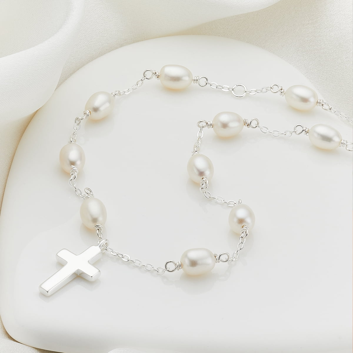 Molly Brown London Pearl & Silver Rosary Necklace, Sterling Silver, 16 in, Belcher, Includes Gift Box