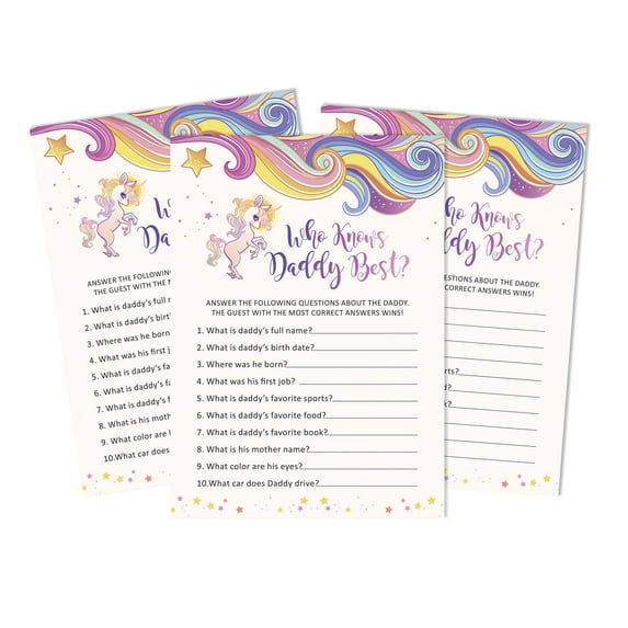 Inkdotpot Unicorn Gender Neutral 50 PackWho Knows Daddy BestBaby Shower GameCards FunActivity Cards