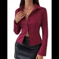 thumbnail image 2 of Camisa Corta A Rayas con Botones para Mujer, Blusa Ajustada de Larga, Camisa de Trabajo Vino Tinto L, 2 of 8