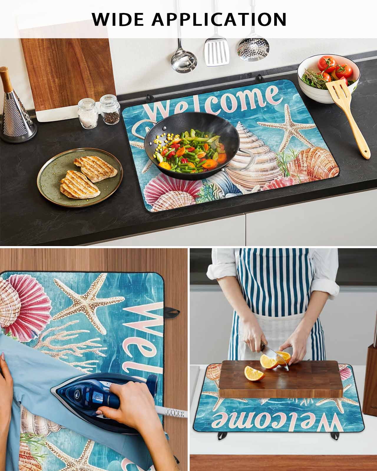 nqOlkjepod Large Induction Cooktop Protector Mat 24"x21", Coastal Ocean Stove Top Covers for Electric Stove, Summer Wave Starfish Coral Shell Stove Burner Cover Mats, Glass Top Stove Cover