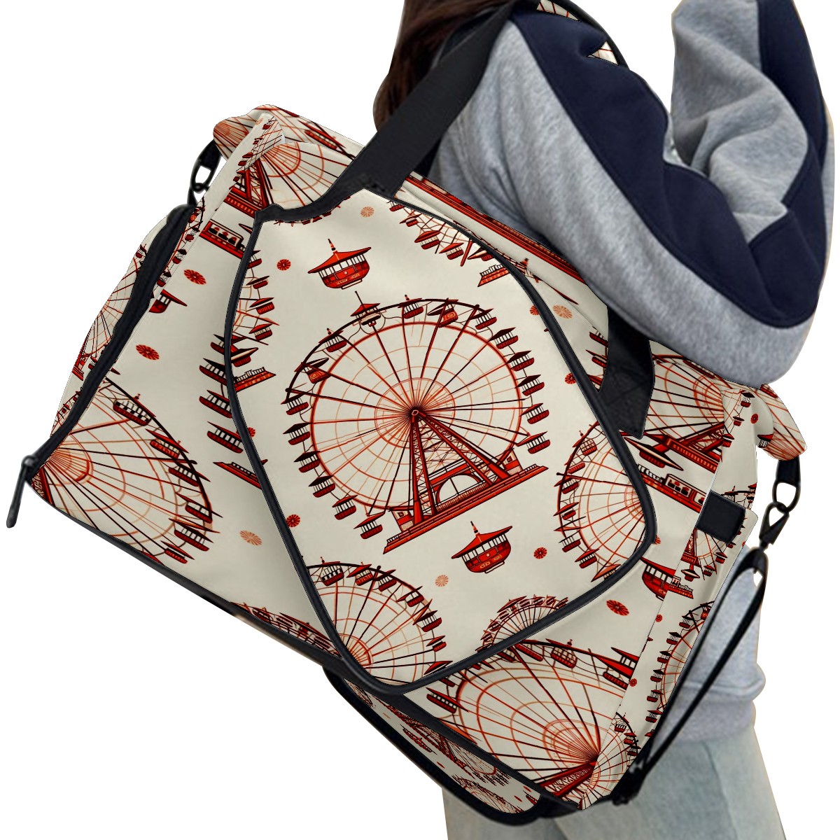 Large Gym Bag with Shoe Compartment, Water-Resistant Duffle Bag for Men and Women, Ferris Wheel Beige Sports Tote for Workout Travel