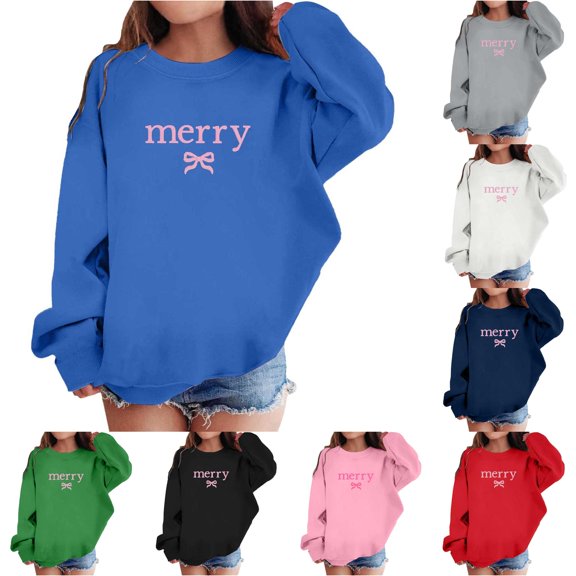 REDARER Crew Neck Loose Long Sleeve Sweatshirt with Merry Letter Bow Print Holiday Casual Outfit for Girls,7-8 Years