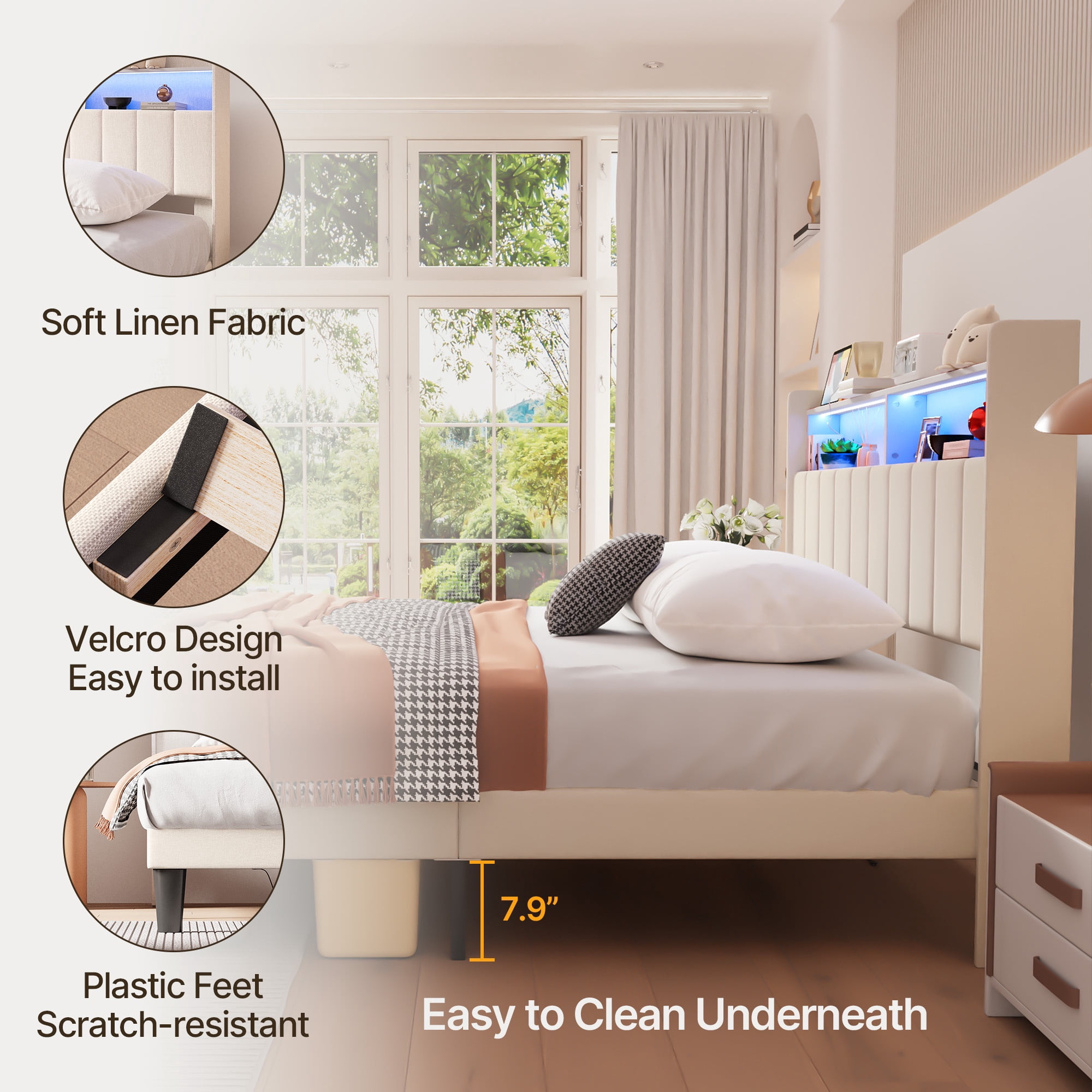 Asofer Queen Bed Frame With  RGB LED Smart RGB LED Lights & Charging Station, No Box Spring & Wood Slats, Beige