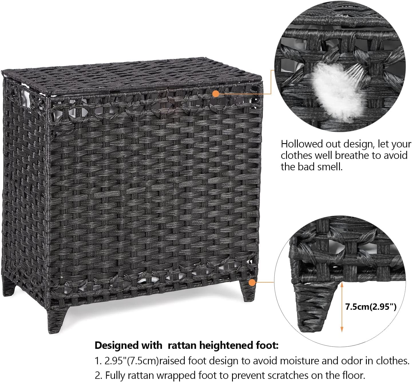 Laundry Hamper with 3 Removable Liner Bags; 132L Handwoven Rattan Laundry Basket with Lid & Heightened Feet; Clothes Hamper with Side Handles; Laundry Sorter with 3 Separate Sections