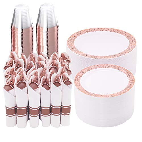 350 Pieces Rose Gold Plastic Dinnerware, Disposable Rose Gold Lace